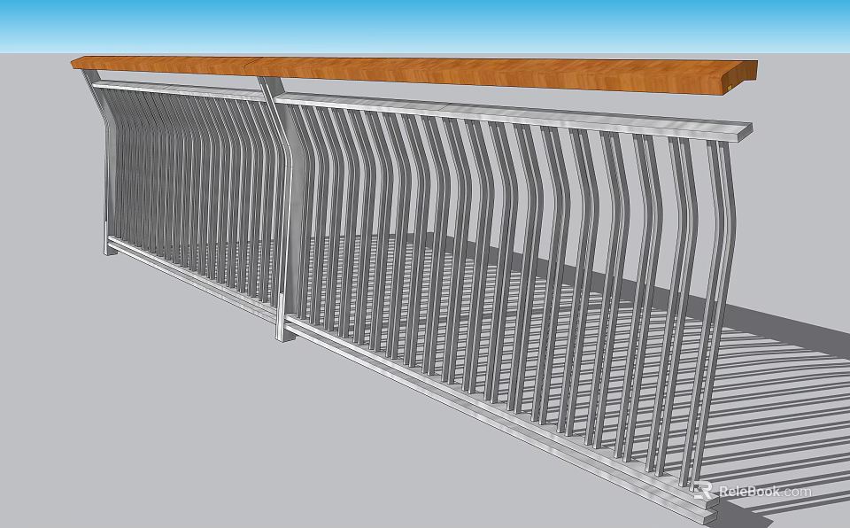 Modern Metal Railing Design with Vertical Bars and Wooden Top Handrail 3d model 