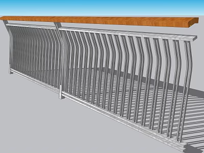 Modern Metal Railing Design with Vertical Bars and Wooden Top Handrail 3d model