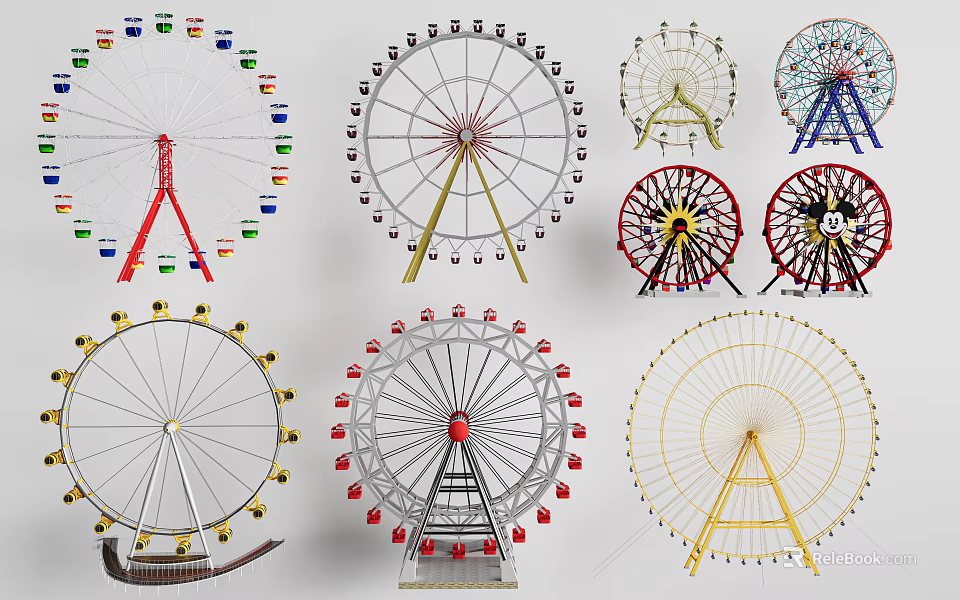 Children's Play Area Featuring Various Colorful Ferris Wheels And Play Structures 3d model 