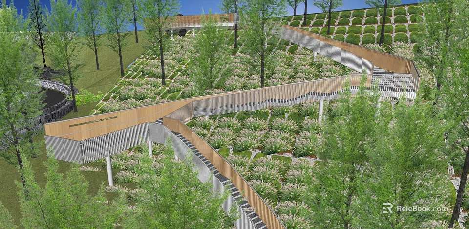 Pathway Facilities In Park With Curved Design And Green Vegetation Trees 3d model 