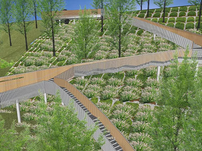 Pathway Facilities In Park With Curved Design And Green Vegetation Trees 3d model