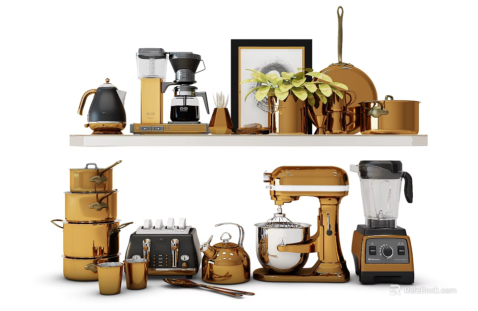 Stylish Golden Modern Kitchenware Collection On Shelf With Coffee Maker Kettle Pots Mixer Blender Mugs 3d model 