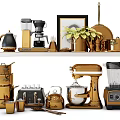 Stylish Golden Modern Kitchenware Collection On Shelf With Coffee Maker Kettle Pots Mixer Blender Mugs