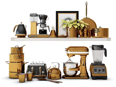 Stylish Golden Modern Kitchenware Collection On Shelf With Coffee Maker Kettle Pots Mixer Blender Mugs 3d model