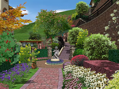 Residential Garden Landscape Design with Stone Path Fountain Statue Colorful Flowers and Green Lawn 3d model