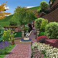 Residential Garden Landscape Design with Stone Path Fountain Statue Colorful Flowers and Green Lawn