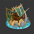 Cartoon Hut Scene With Green Roof Wooden Structure Water Rocks Plants And Decorative Elements