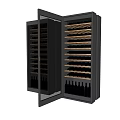 Black Wine Refrigerator With Open Glass Door And Multiple Bottle Storage Shelves
