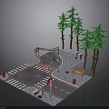 Miniature Crossroad Scene With Traffic Lights Pine Trees Bench Fire Hydrants And Zebra Crossing