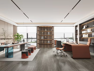 Modern Office Interior Design With Desks Chairs Bookshelves Plants And Windows 3d model