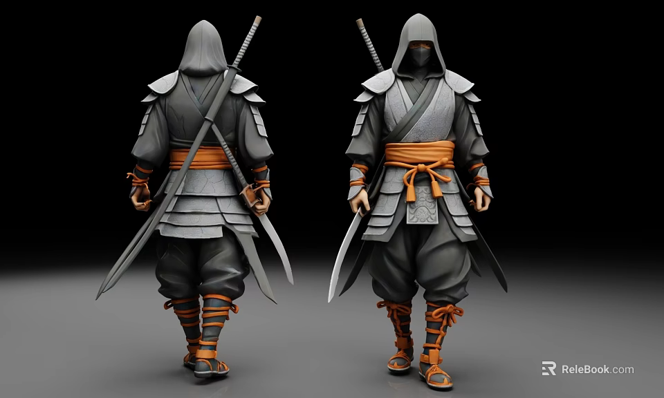 Man In Traditional Warrior Outfit With Grey Armor Orange Belt And Swords On Back 3d model 