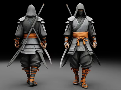 Man In Traditional Warrior Outfit With Grey Armor Orange Belt And Swords On Back 3d model