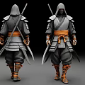 Man In Traditional Warrior Outfit With Grey Armor Orange Belt And Swords On Back