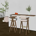Modern Wooden Bar Counter With Bar Stools Vase Oranges And Green Plants