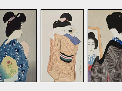 Traditional Japanese Ukiyo e Figure Paintings of Women in Kimono with Fan Mirror and Obi 3d model