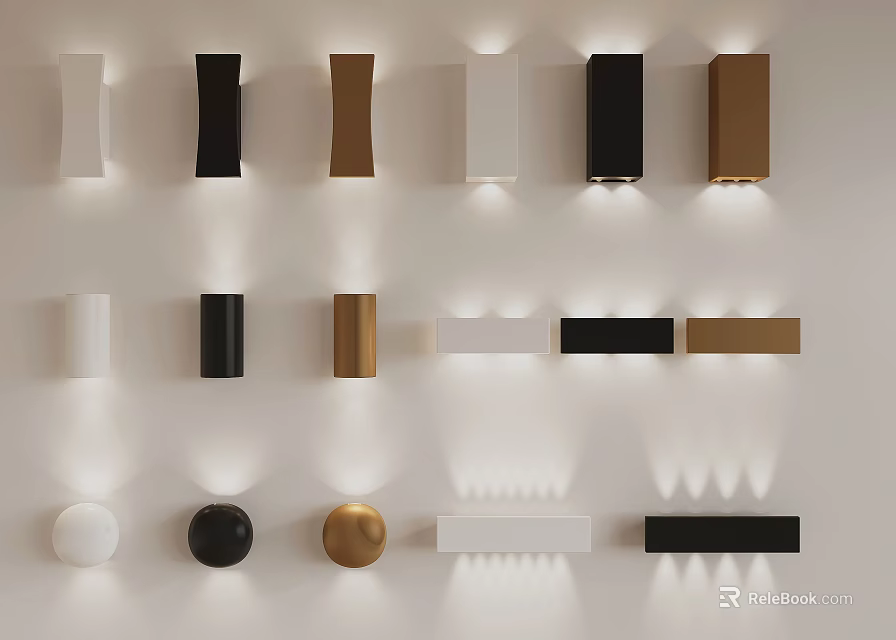 Modern Wall Lamps with Various Designs in White Black and Gold Colors Mounted on Wall 3d model 