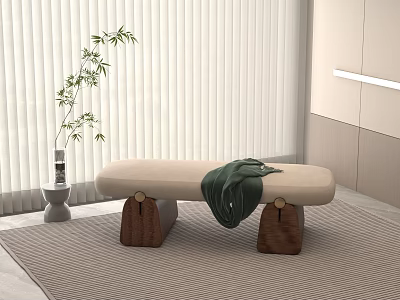 Modern Bedroom Interior Bed Bench With Beige Cushion Wooden Legs Green Plant On Carpet 3d model