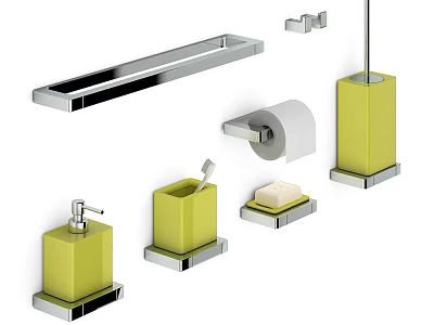 Modern Bathroom Accessories with Yellow Soap Dish Chrome Towel Bar and Toilet Paper Holder 3d model