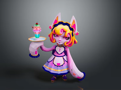 Cute Cat Eared Girl Holding Tray With Ice Cream Dessert And Heart Pattern Dress 3d model