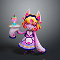 Cute Cat Eared Girl Holding Tray With Ice Cream Dessert And Heart Pattern Dress