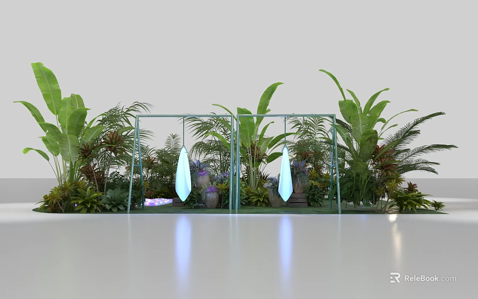 Garden Ornament Display With Metal Frame Featuring Pendant Ornaments Among Lush Tropical Plants 3d model 