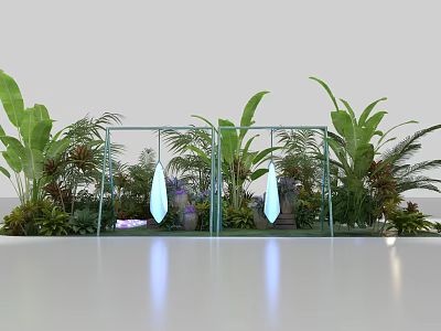 Garden Ornament Display With Metal Frame Featuring Pendant Ornaments Among Lush Tropical Plants 3d model