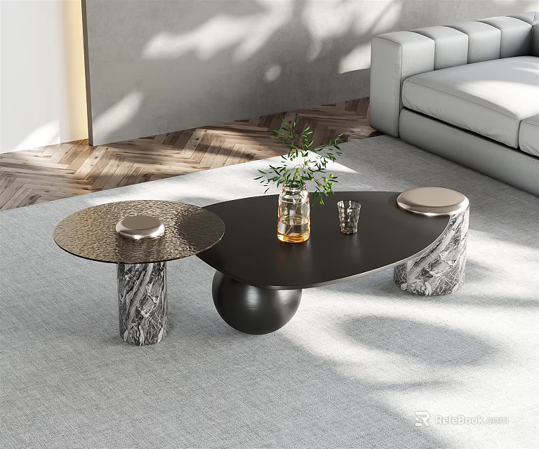 Modern Coffee Tables With Black And Gold Tops And Marble Bases Near Sofa And Plant 3d model 
