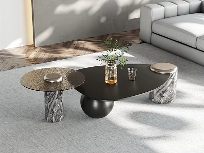 Modern Coffee Tables With Black And Gold Tops And Marble Bases Near Sofa And Plant 3d model