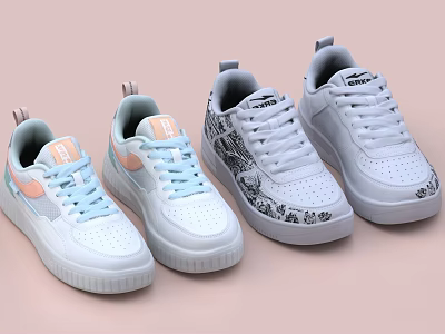 Stylish White Sneakers With Colorful Accents And Unique Pattern Designs For Casual Daily Wear 3d model