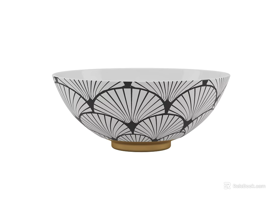 Elegant Dinnerware Set with Black and White Fan Leaf Pattern and Gold Base 3d model 