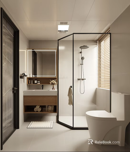 Modern Bathroom Interior Design With Glass Shower Wooden Vanity Mirror And Blinds 3d model 