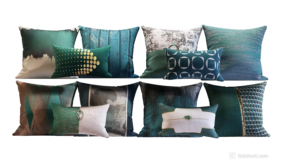 Decorative Green Throw Pillows with Geometric Polka Dot and Striped Patterns for Sofa Decor 3d model