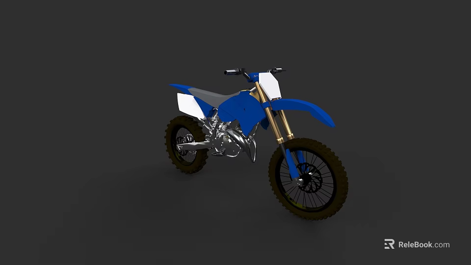 Blue and White Off Road Motorcycle with Large Tires and Tall Suspension 3d model 