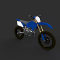 Blue and White Off Road Motorcycle with Large Tires and Tall Suspension