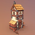 Cartoon Style Building Scene With Wooden Door Decorations And Items