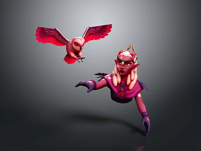 Fantasy Horned Elf Female Character With Purple Outfit And Red Winged Bird Creature 3d model