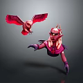 Fantasy Horned Elf Female Character With Purple Outfit And Red Winged Bird Creature