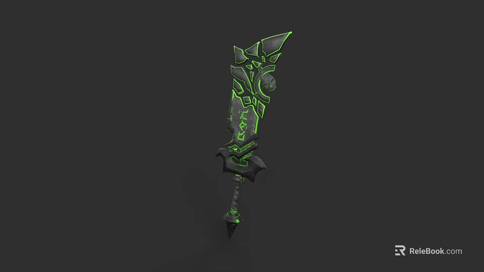 Ornate Fantasy Sword With Green Glowing Patterns On Black Background 3d model 
