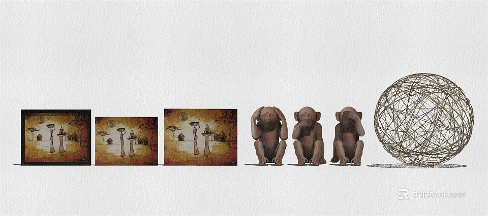 Decorative Ornament Collection With Artwork Monkey Figurines And Spherical Decor 3d model