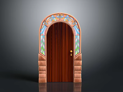 Elegant Arched Wooden Door With Colorful Decorative Patterns And Stone Frame 3d model