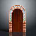 Elegant Arched Wooden Door With Colorful Decorative Patterns And Stone Frame