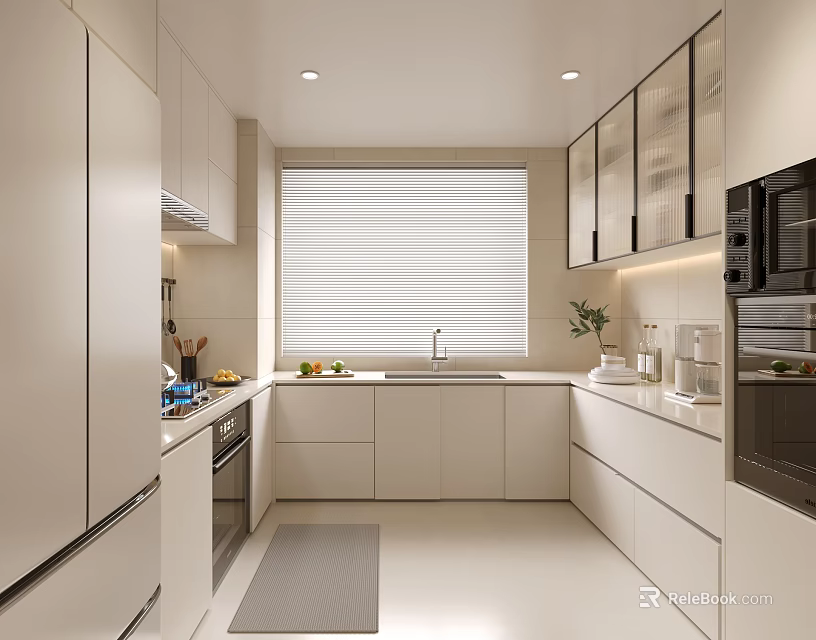Modern Kitchen Interior Design With White Cabinets Window Blinds Countertop Sink And Appliances 3d model 