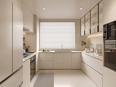 Modern Kitchen Interior Design With White Cabinets Window Blinds Countertop Sink And Appliances 3d model
