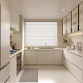 Modern Kitchen Interior Design With White Cabinets Window Blinds Countertop Sink And Appliances
