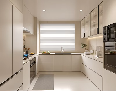 Modern Kitchen Interior Design With White Cabinets Window Blinds Countertop Sink And Appliances 3d model