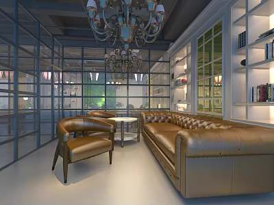 Luxurious Café Interior With Leather Sofa Chandelier Glass Walls And Bookshelves 3d model
