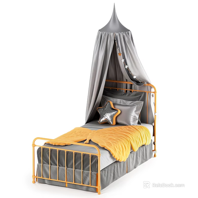 Kids Bed with Gold Frame Gray Canopy Star Decorations Silver Star Pillow and Yellow Blanket 3d model 