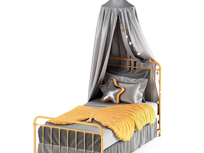 Kids Bed with Gold Frame Gray Canopy Star Decorations Silver Star Pillow and Yellow Blanket 3d model