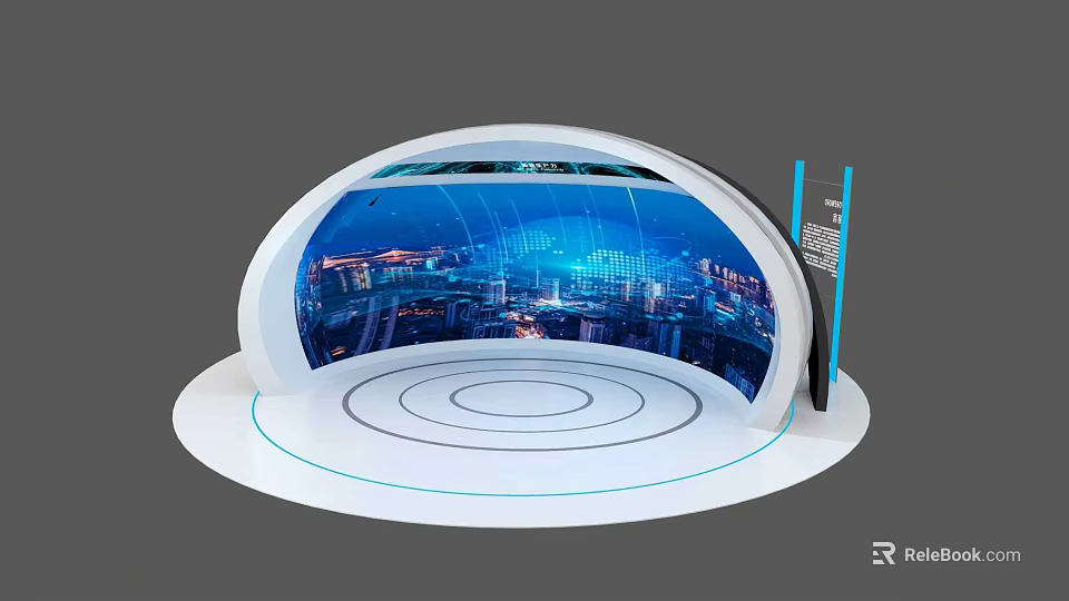 Modern Exhibition Island Featuring White Curved Design Blue Screen City Night View And Circular Base 3d model 