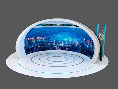 Modern Exhibition Island Featuring White Curved Design Blue Screen City Night View And Circular Base 3d model
